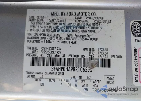 2011 Ford Fusion Se z USA, uszkodzony, nr VIN 3FAHP0HA9BR106595